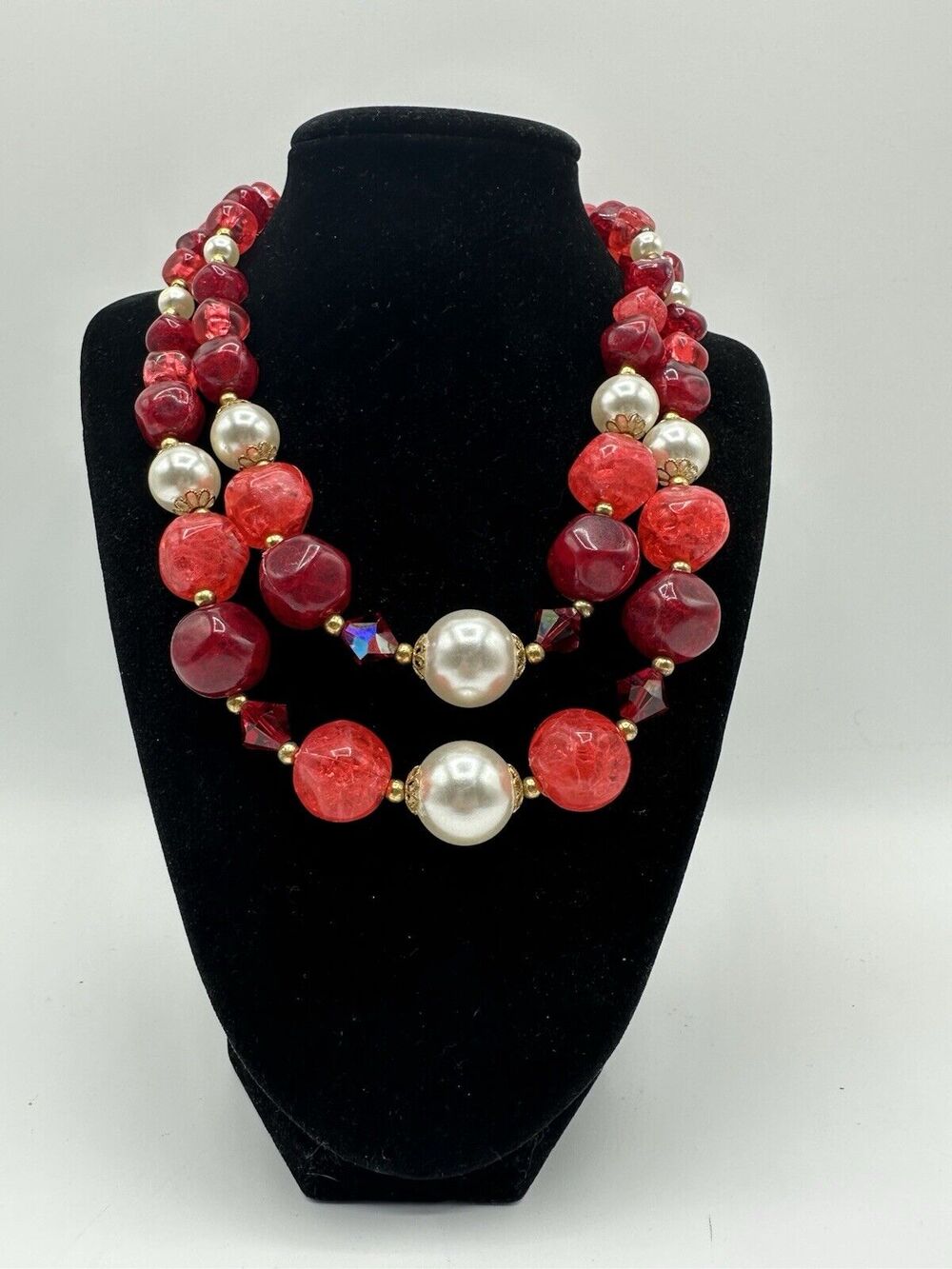Vintage 1950s Red Resin Faux Pearl Crystal Two Strand Choker Necklace EVC